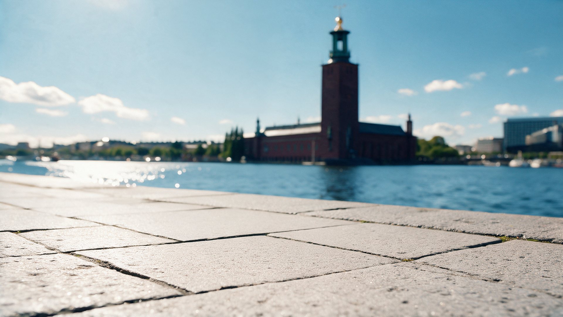 The quay at Norr Mälarstrand on Kungsholmen on a sunny day, Stockholm City Hall across the water.