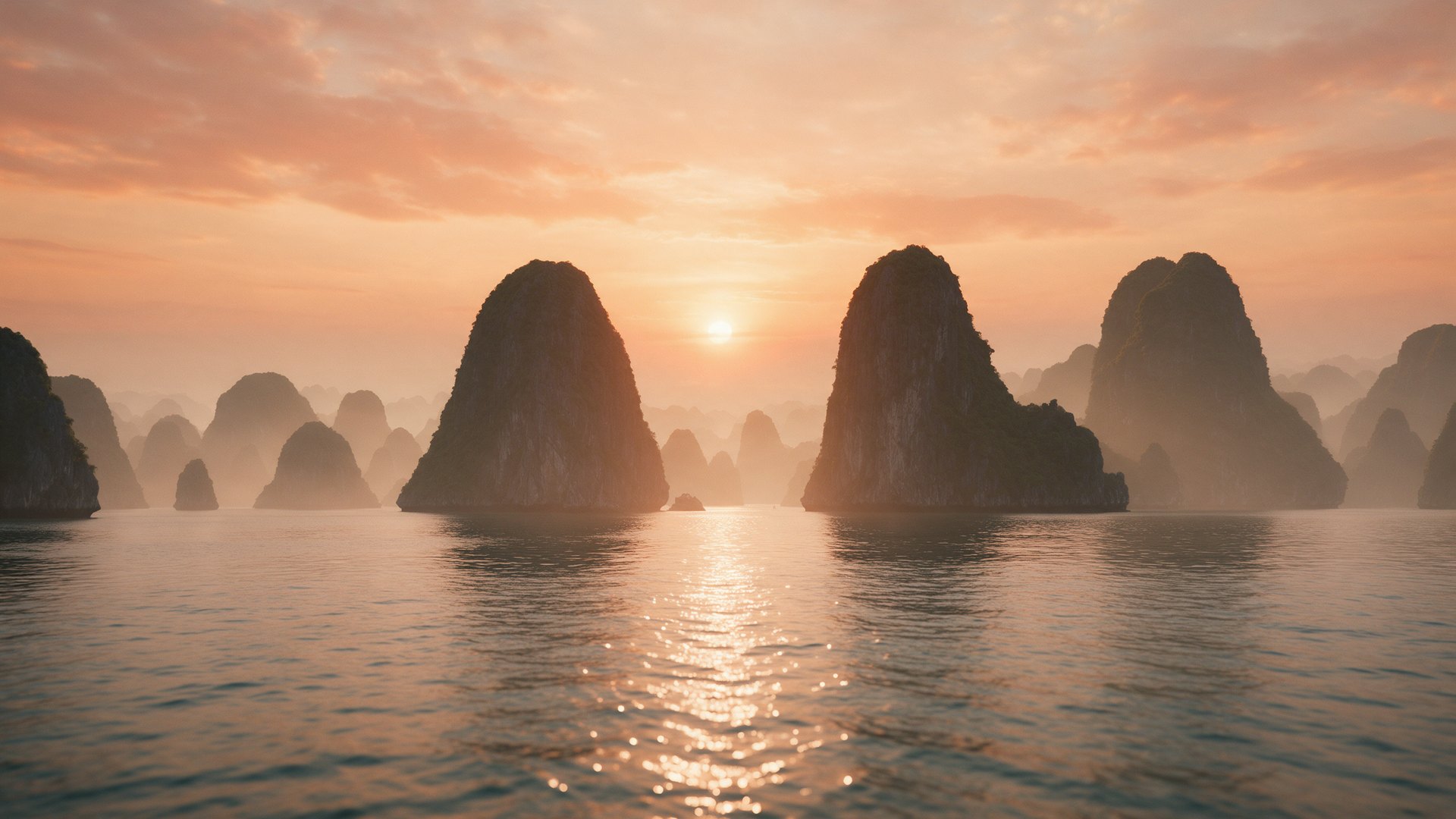 Ha Long Bay at sunset: limestone karsts in golden haze. A junk with red sails glides across the sun's path on the water.