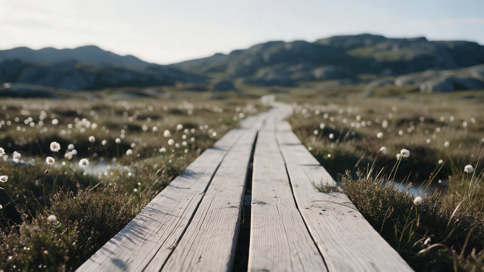 A wooden boardwalk across a mountain bog on the Preikestolen trail.