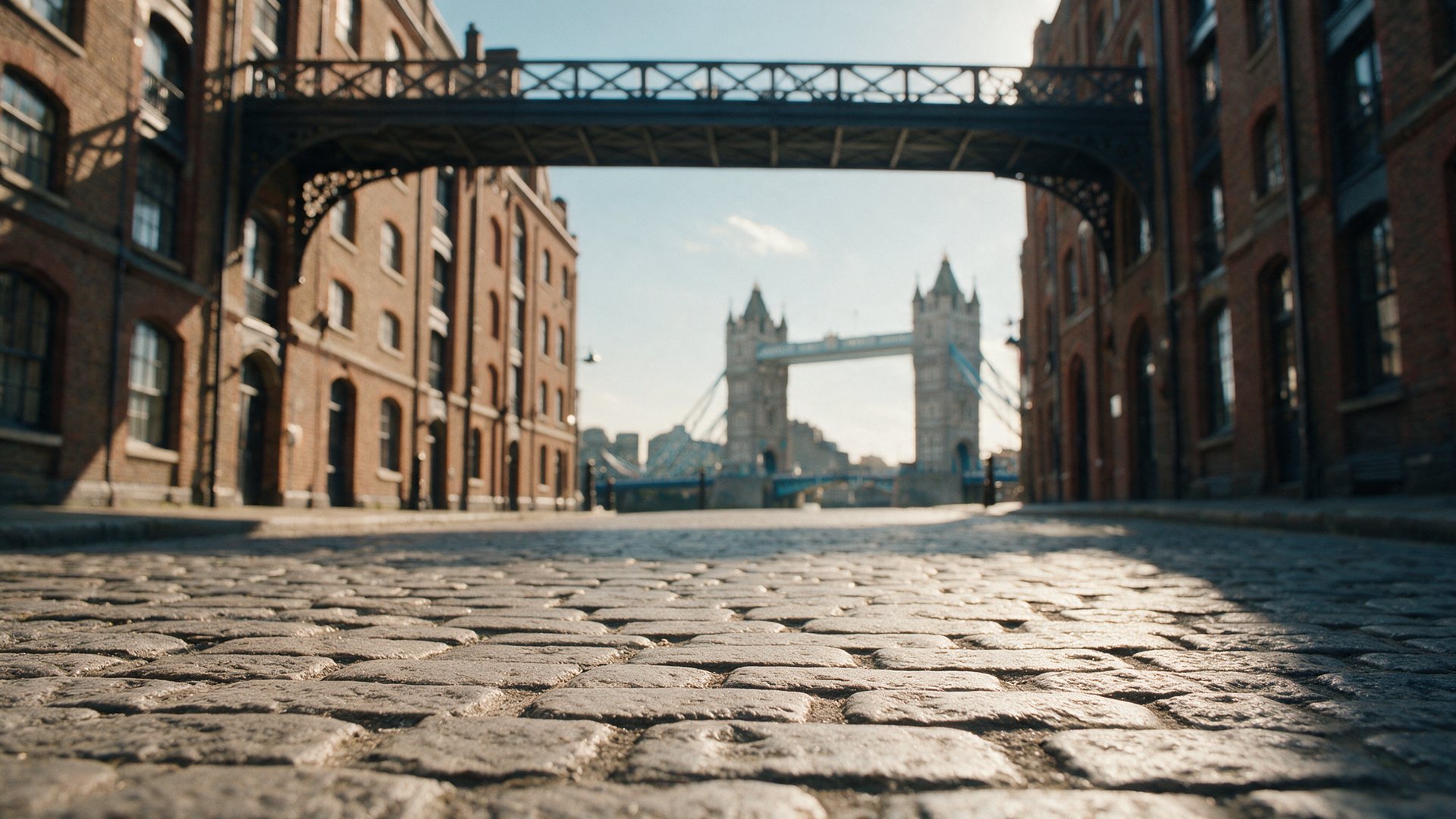 The cobbled street of Shad Thames in London, iron walkways overhead and Tower Bridge at the end.