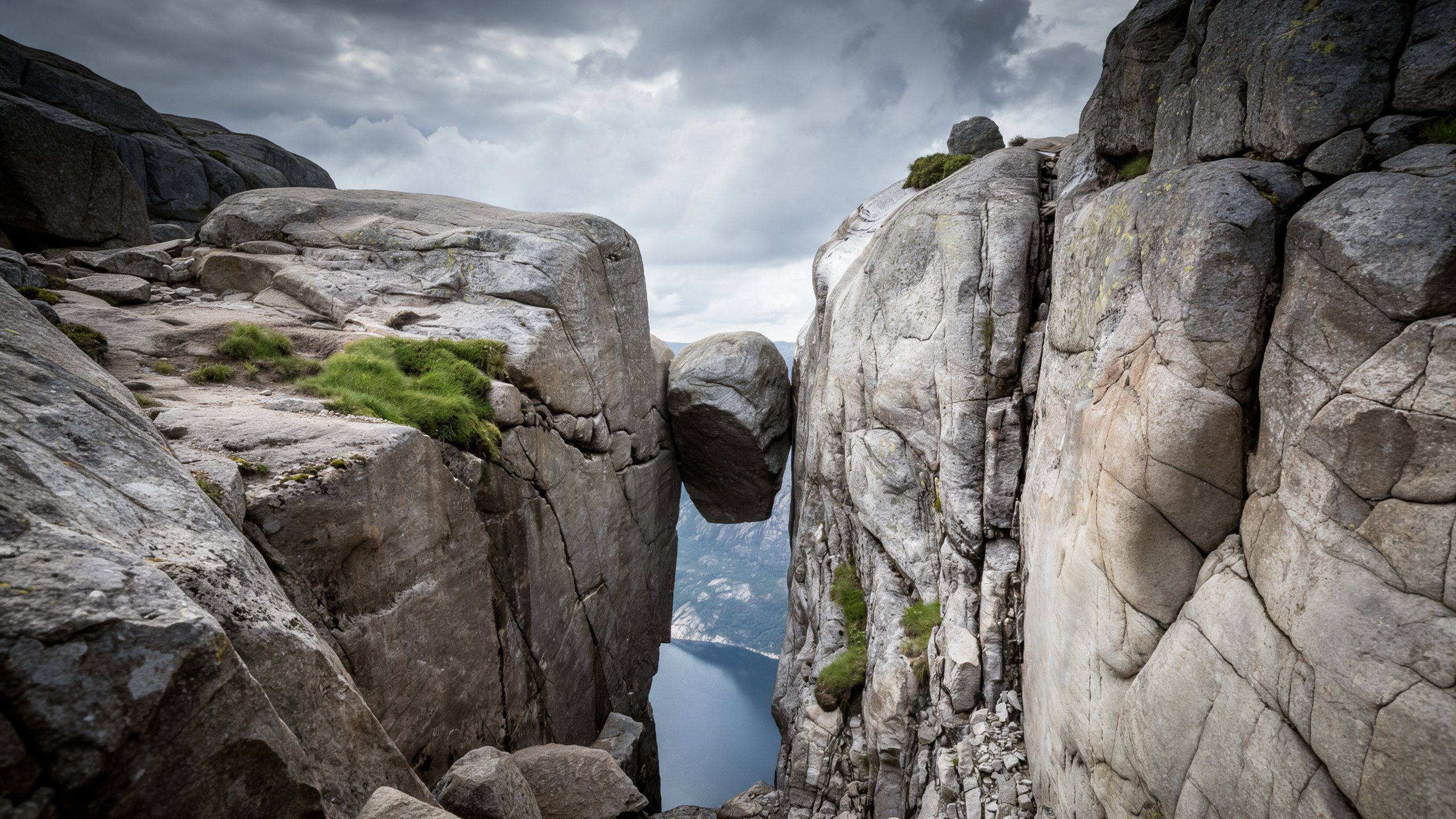 Kjeragbolten: a round boulder wedged between two granite cliffs, with Lysefjorden far below.