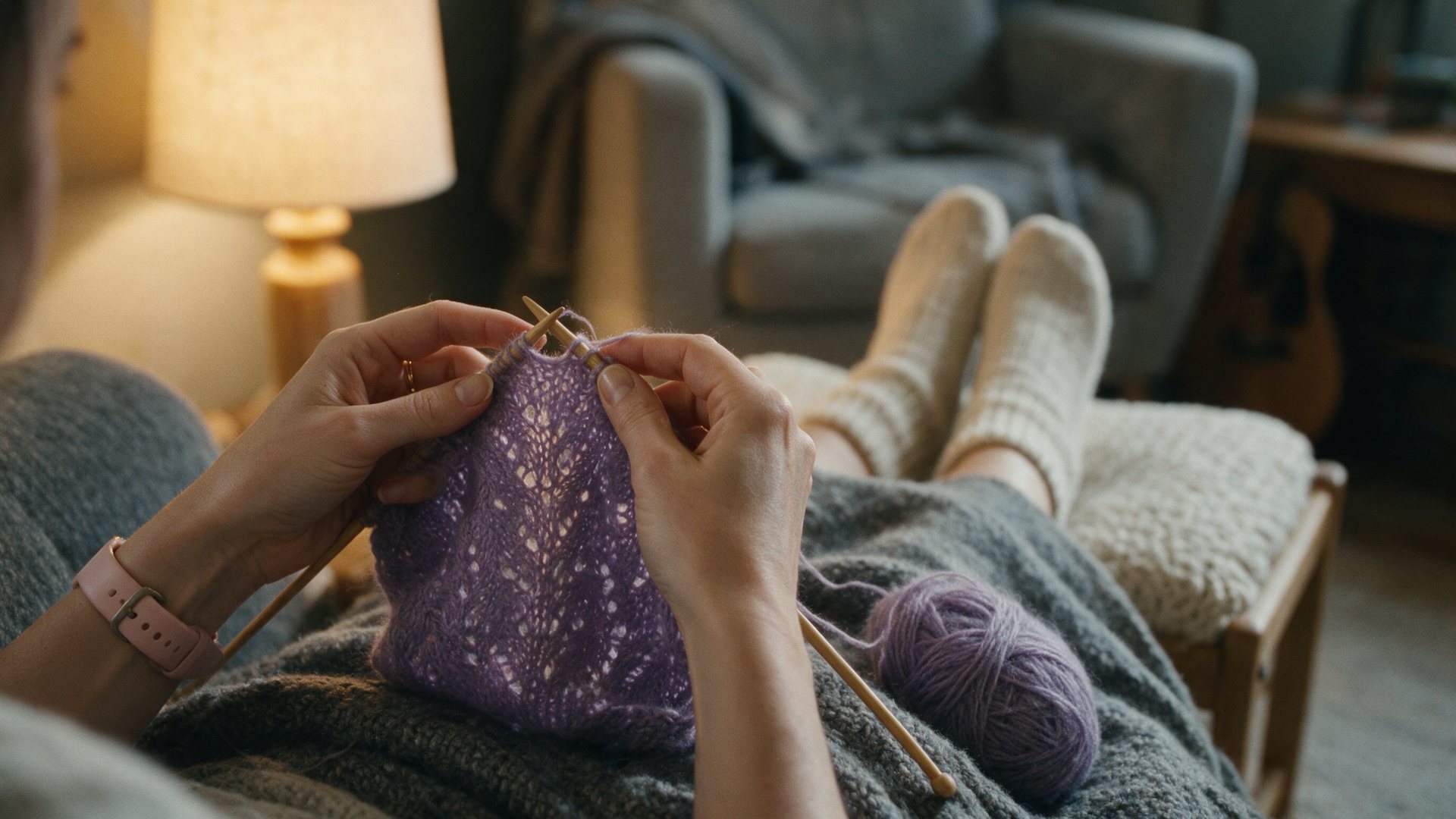 Close on my hands, knitting the lilac lace sweater, my feet in cream wool socks on a stool.