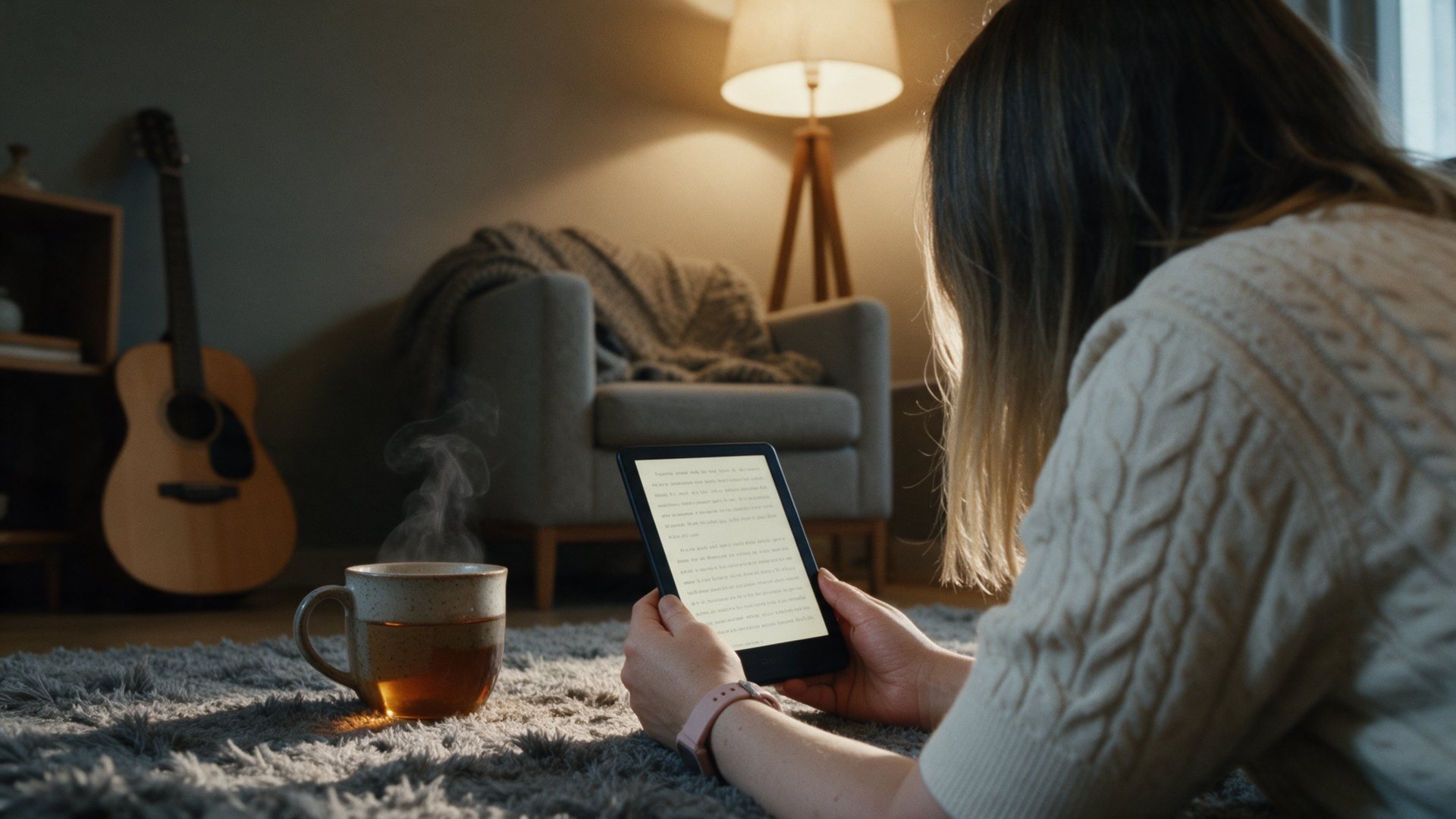 Over my shoulder: I lie on a grey rug reading an e-reader, a cup of tea beside me.
