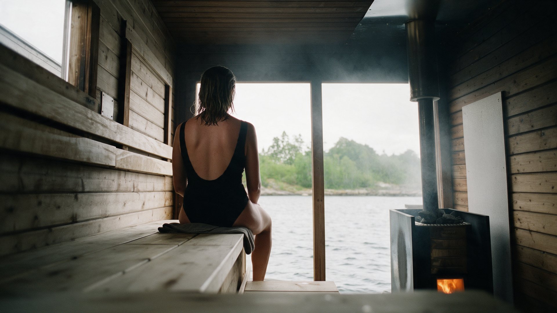Me from behind, on the bench of a wooden floating sauna, looking out of the open door at the sea.
