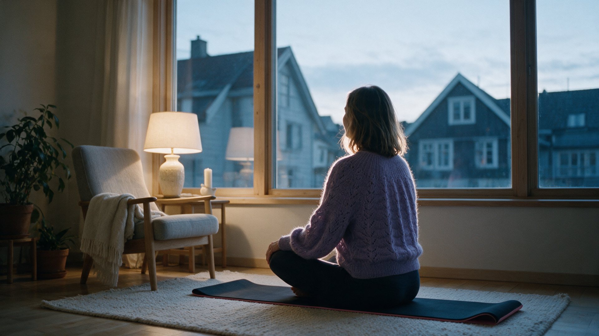 Me cross-legged on my yoga mat by a big window in the evening, in the lilac sweater I knitted.