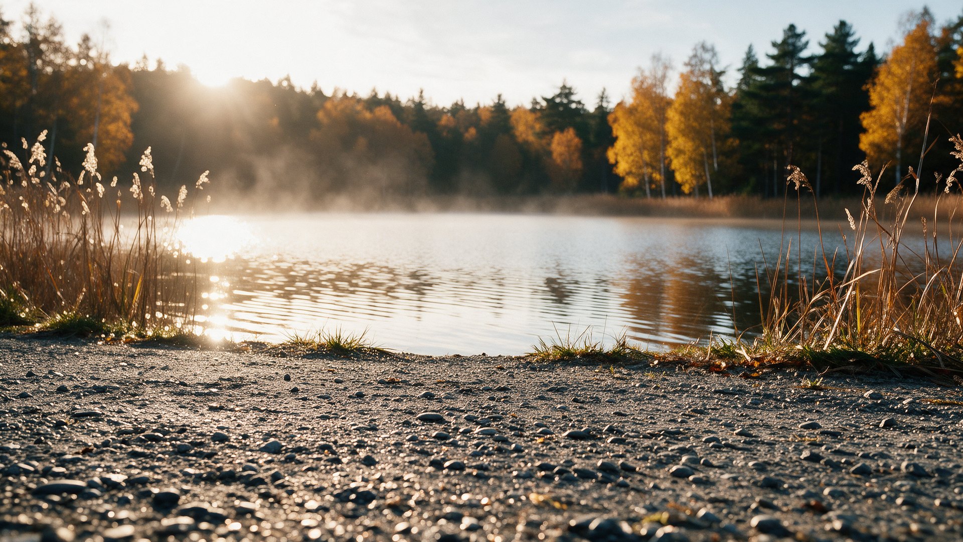 A gravel path by Stokkavatnet on an autumn morning, low sun and mist on the water.