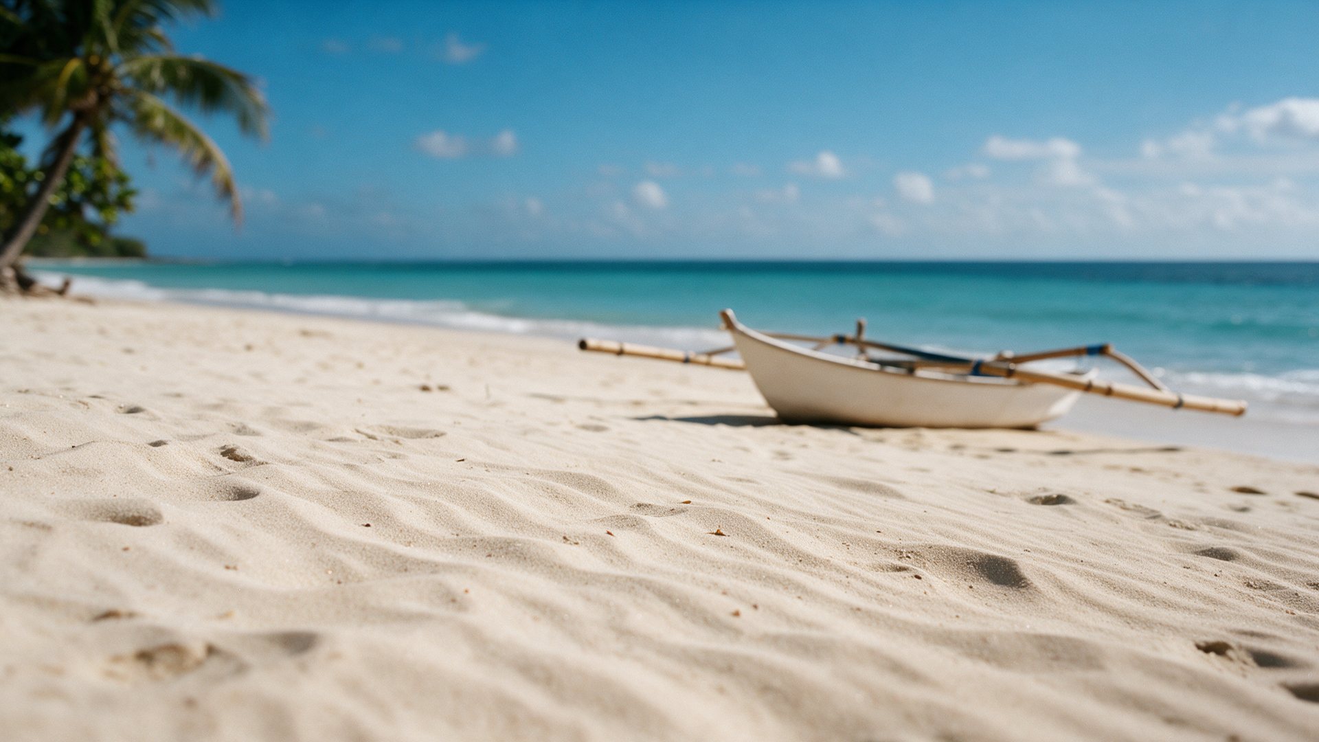 A beach with an outrigger fishing boat and palms in Indonesia.