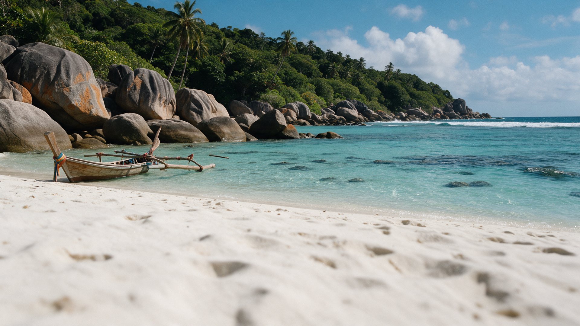 A cove with granite boulders and a longtail boat in Thailand.