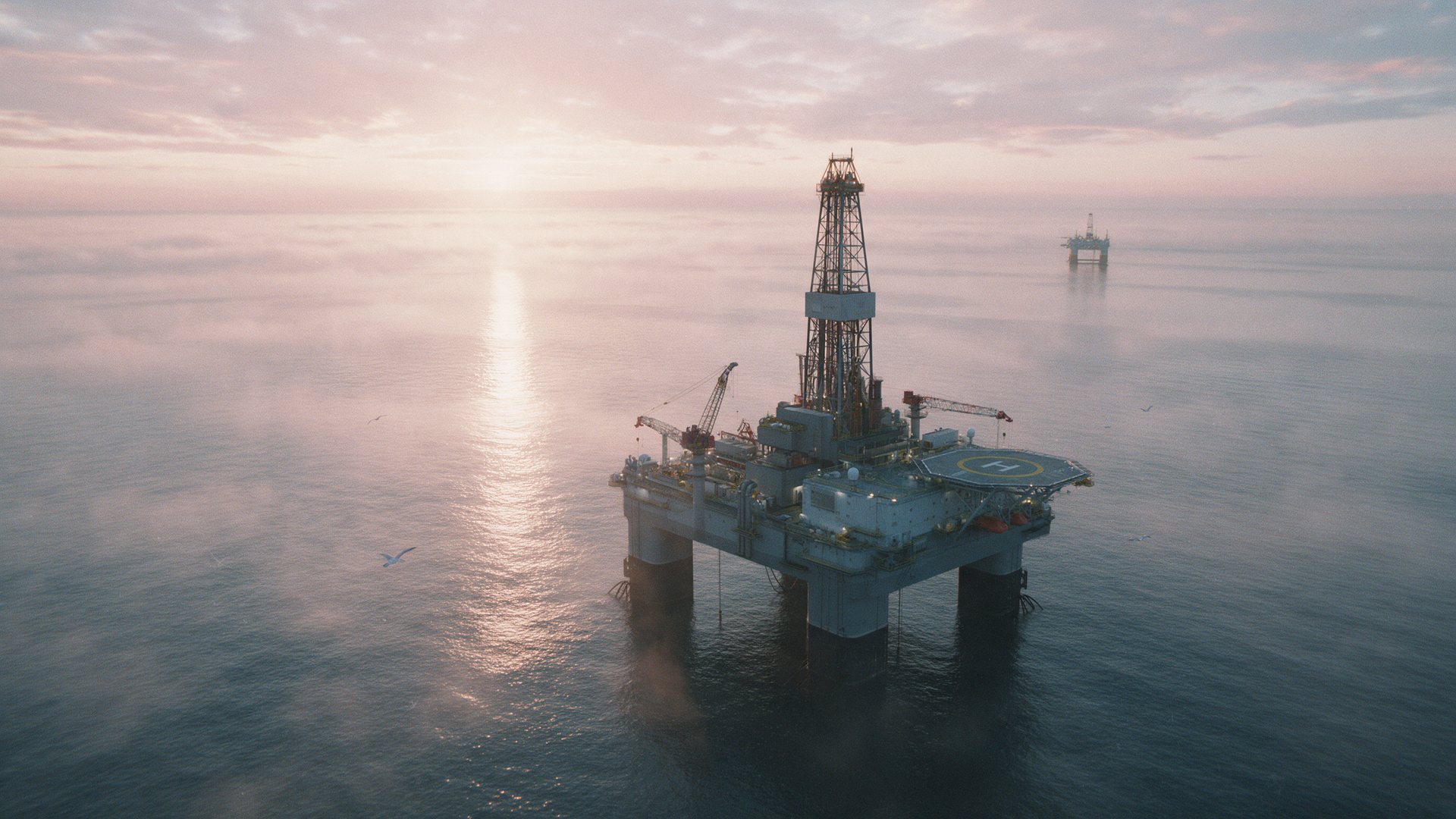 Dawn over the North Sea, an offshore platform seen from a helicopter.