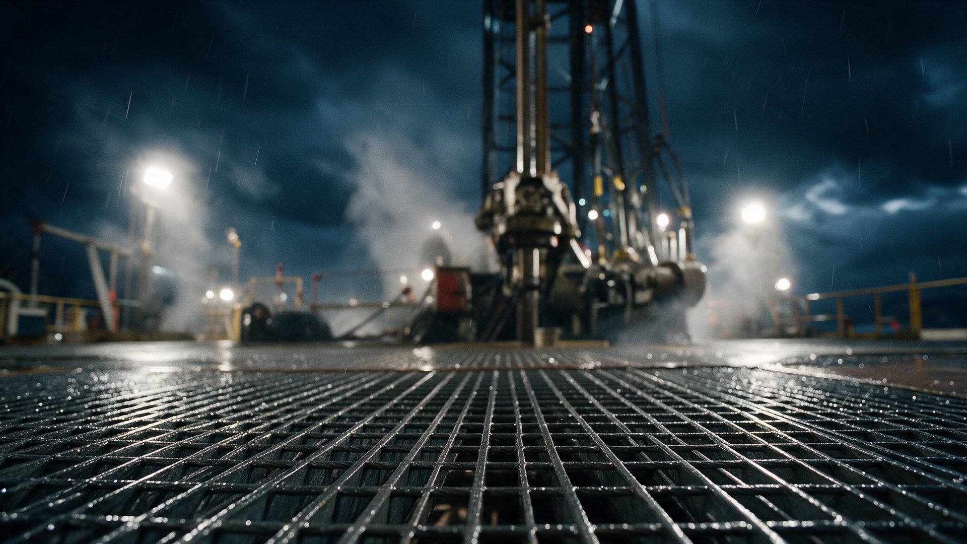 The drill floor of an offshore rig at night, wet steel grating in floodlights.